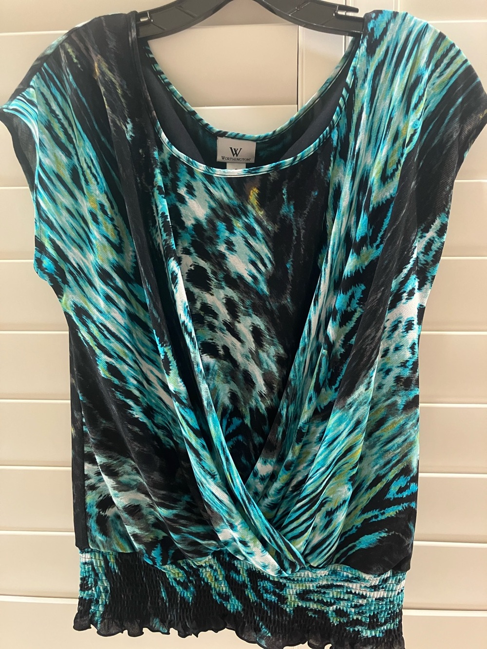 Worthington Black & Teal Animal-Print Surplice Top